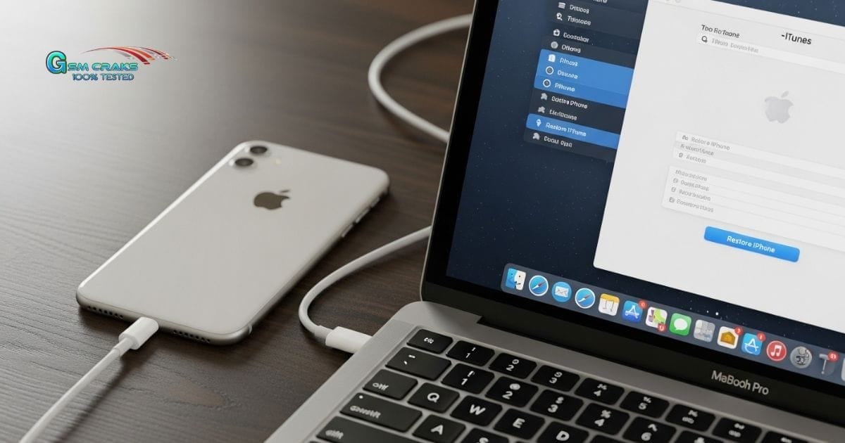 Remove iphone demo mode using itunes showing laptop screen with itunes open and iphone connected for factory restore