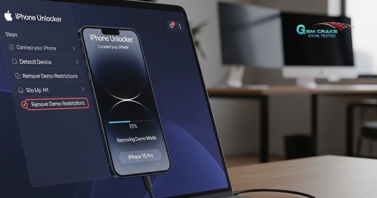 Use an iphone unlocker tool showing technician running unlock software on a laptop while iphone is connected